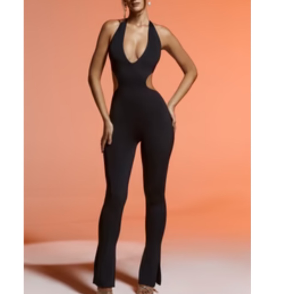 Plunge Neck Cut Out Jumpsuit in Black
